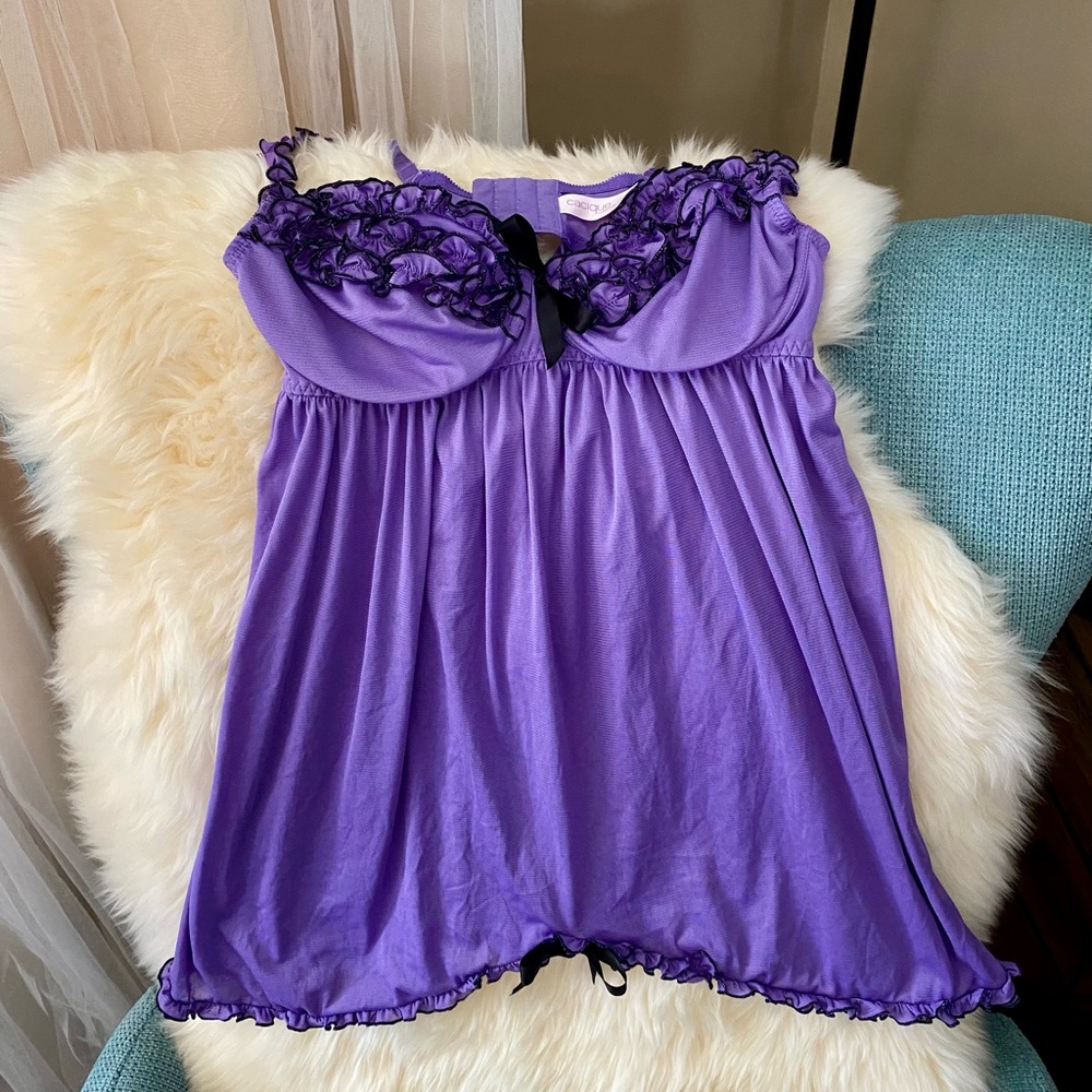 Cacique Purple Chemise with Lace Trim and Adjustable Straps 100% Silk